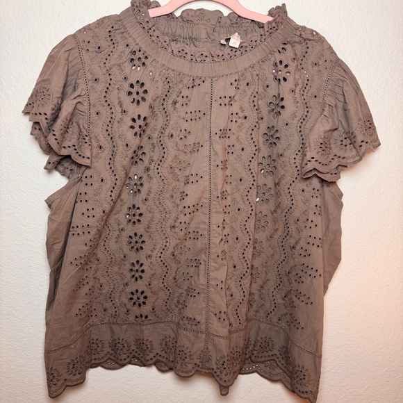 Jennifer And Grace Tops - Ruffle Sleeve Brown Eyelet Lace Blouse Cottagecore Boho Romantic Top Cotton